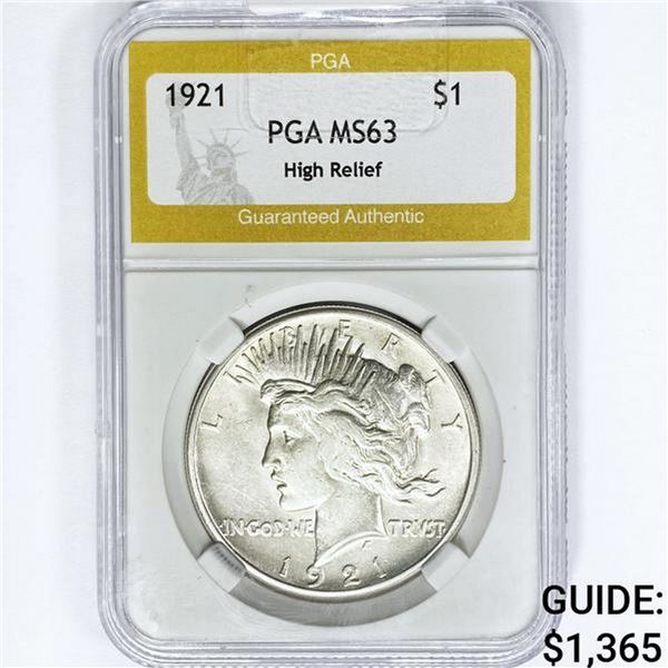 1921 Silver Peace Dollar PGA MS63 High Relief