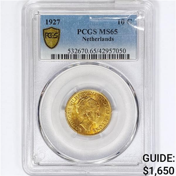 1927 Netherlands .1947oz Gold 10 Gulden PCGS MS65