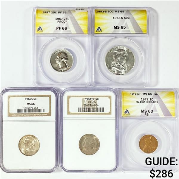 1938-1972 SET (5) 1 1C,2 5C,1 25C,1 50C NGC,ANACS