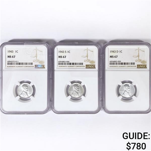 (3) 1943 Wheat Cents NGC MS67
