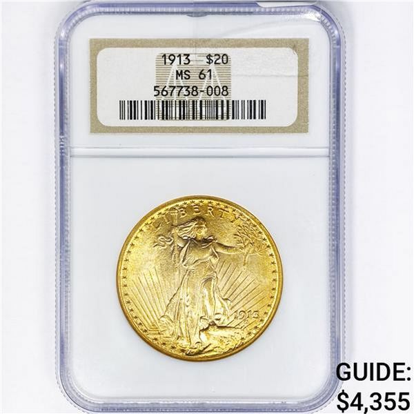 1913 $20 Gold Double Eagle NGC MS61