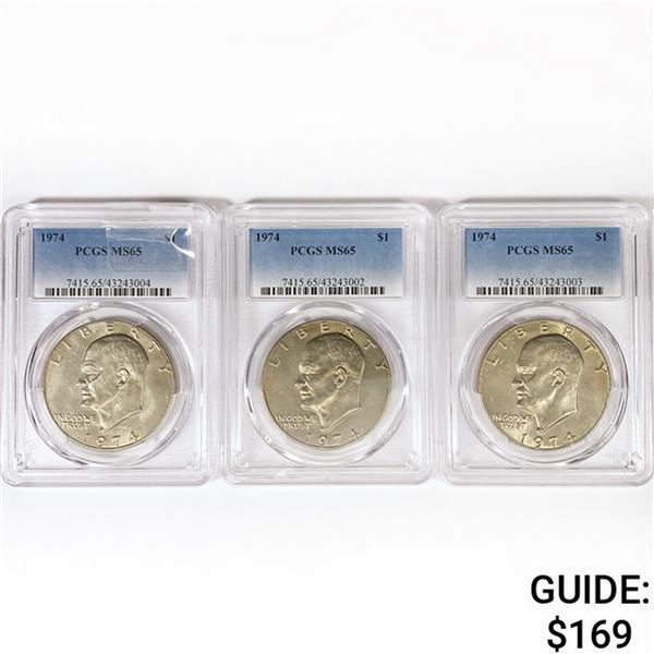 1974 Set (3) Eisenhower Silver Dollars PCGS MS65