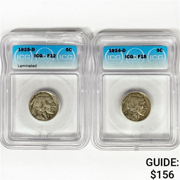 1924-D, 1925-D Set (2) Buffalo Nickel ICG F