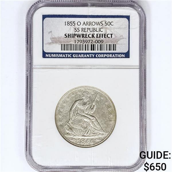 1855-O Arrows Seated Lib. 50C NGC Shipwreck SS Rep