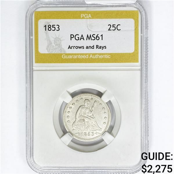 1853 Seated Liberty Quarter PGA MS61 Arws & Rays