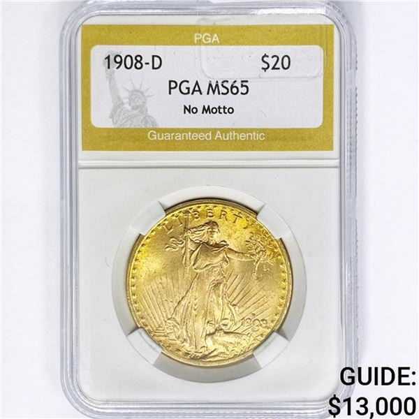 1908-D $20 Gold Double Eagle PGA MS65 No Motto