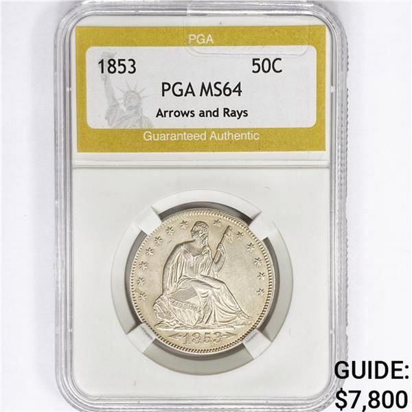 1853 Seated Liberty Half Dollar PGA MS64 Arws&Rays
