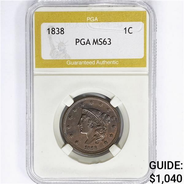 1838 Coronet Head Large Cent PGA MS63