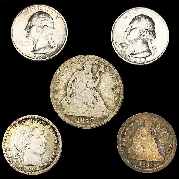 (5) Varied US Silver Coinage (1843, 1878-CC, 1909,