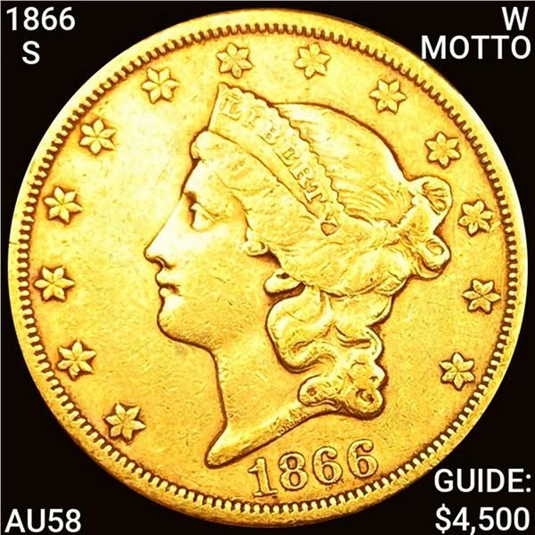 1866-S W MOTTO $20 Gold Double Eagle CHOICE AU