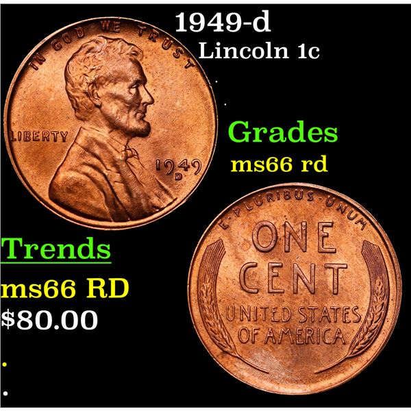 1949-d Lincoln Cent 1c Grades GEM+ Unc RD