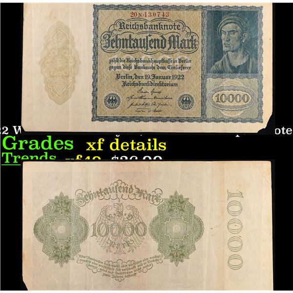 1922 Weimar Germany 10,000 Mark Vampire Note P: 71 Grades xf details