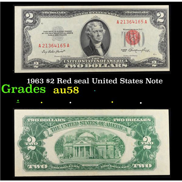 1963 $2 Red seal United States Note Grades Choice AU/BU Slider