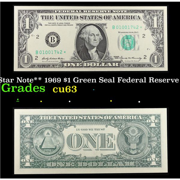 **Star Note** 1969 $1 Green Seal Federal Reserve Note Grades Select CU