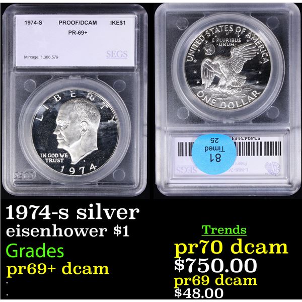 Proof 1974-s silver Eisenhower Dollar $1 Graded pr69+ dcam By SEGS