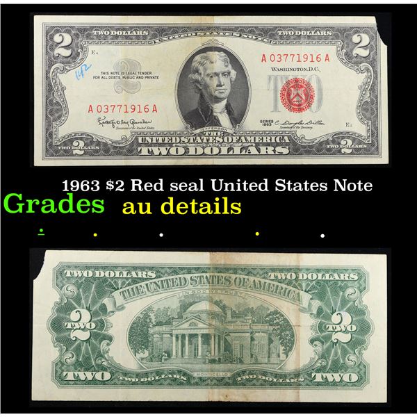 1963 $2 Red seal United States Note Grades AU Details