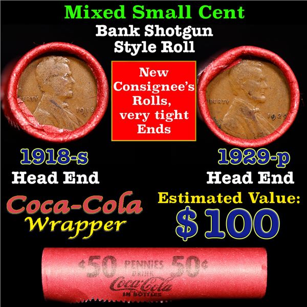 Mixed small cents 1c orig shotgun roll, 1929-p Lincoln Cent,1918-s Lincoln Cent other end, Coca Cola