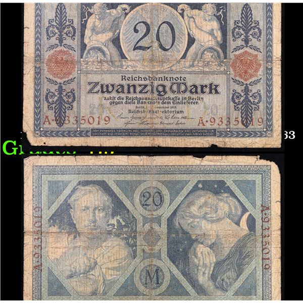 1915 Imperial Germany 20 Mark Note P: 63 Grades f+