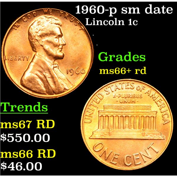 1960-p sm date Lincoln Cent 1c Grades GEM++ RD