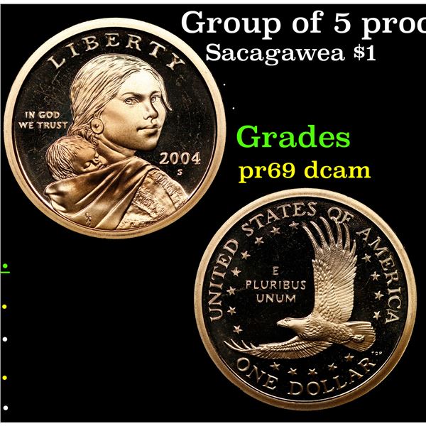 Proof Group of 5 proof Sacagawea Dollars $1 2000-2004 Grades GEM++ Proof Deep Cameo