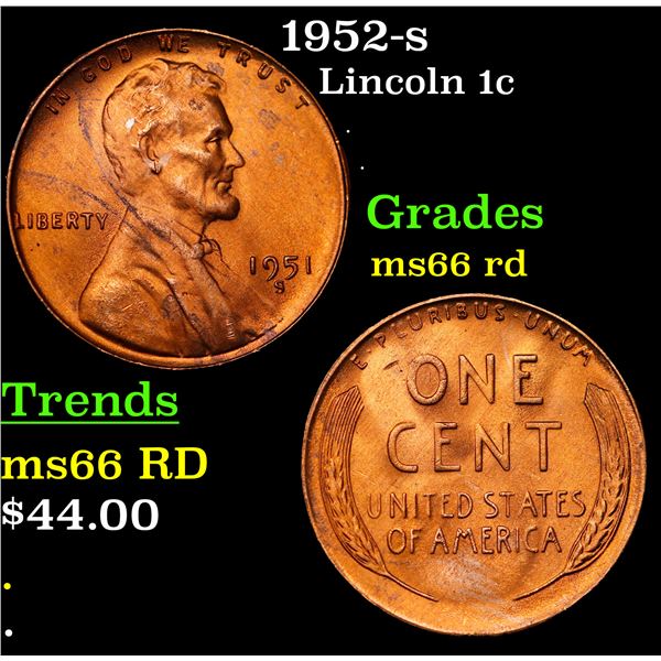 1952-s Lincoln Cent 1c Grades GEM+ Unc RD