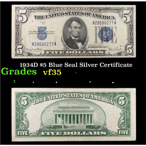 1934D $5 Blue Seal Silver Certificate Grades vf++
