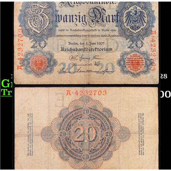 1907 Imperial Germany 20 mark Note P: 28 Grades Choice AU/BU Slider