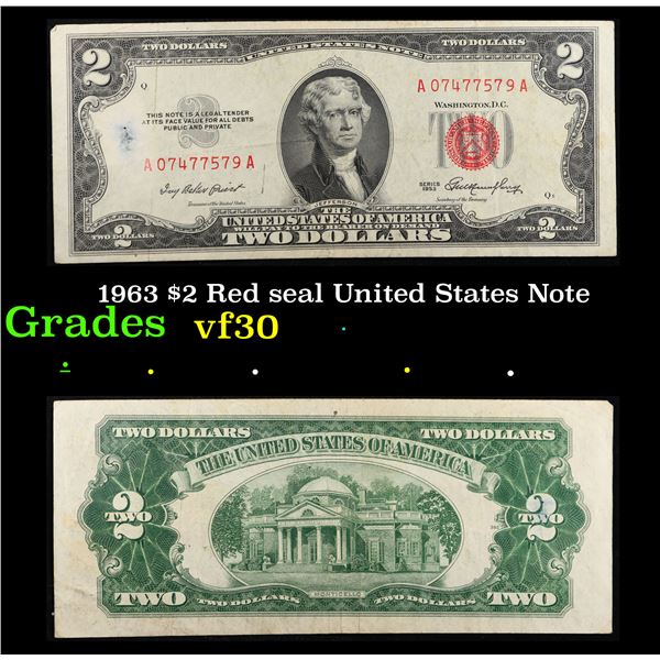 1963 $2 Red seal United States Note Grades vf++