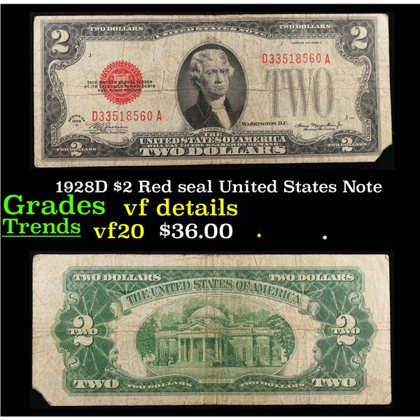 1928D $2 Red seal United States Note Grades vf details