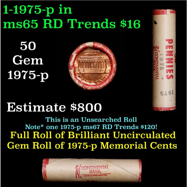 Shotgun Lincoln 1c roll, 1975-p 50 pcs Continental Bank Wrapper.