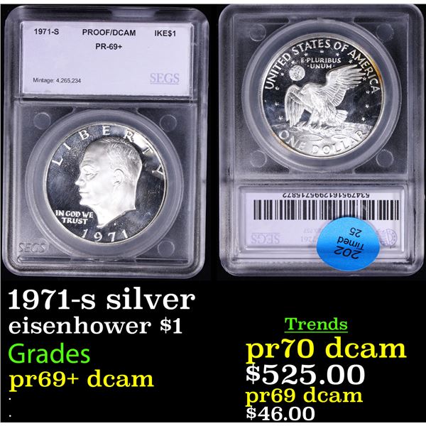 Proof 1971-s silver Eisenhower Dollar $1 Graded pr69+ dcam By SEGS