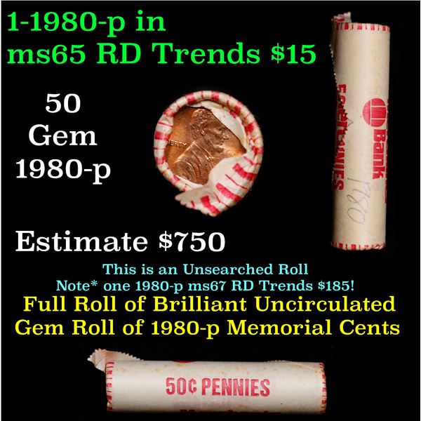 Shotgun Lincoln 1c roll, 1980-p 50 pcs  Merchant's Bank Wrapper.