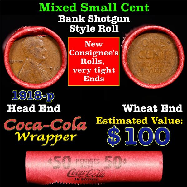 Mixed small cents 1c orig shotgun roll, 1918-p Lincoln Cent, Wheat Cent other end, Coca Cola Brandt 