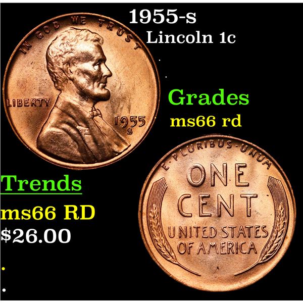 1955-s Lincoln Cent 1c Grades GEM+ Unc RD