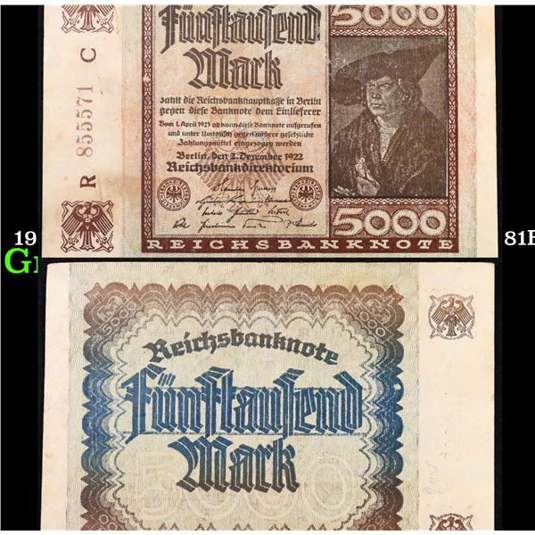 1922 Weimar Germany 5,000 Mark Note P: 81B Grades Choice AU/BU Slider