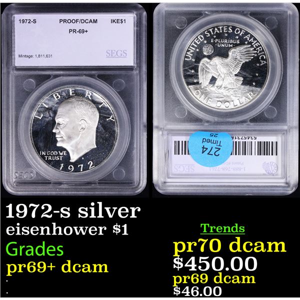 Proof 1972-s silver Eisenhower Dollar $1 Graded pr69+ dcam By SEGS