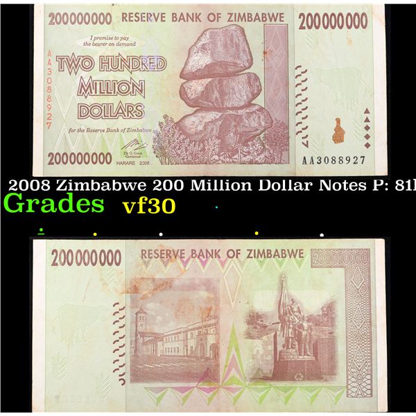 2008 Zimbabwe 200 Million Dollar Notes P: 81B Grades vf++