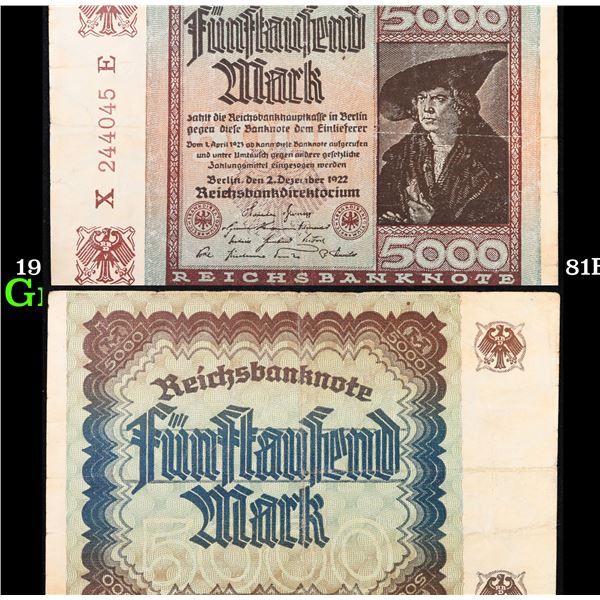 1922 Weimar Germany 5,000 Mark Note P: 81B Grades Choice AU/BU Slider