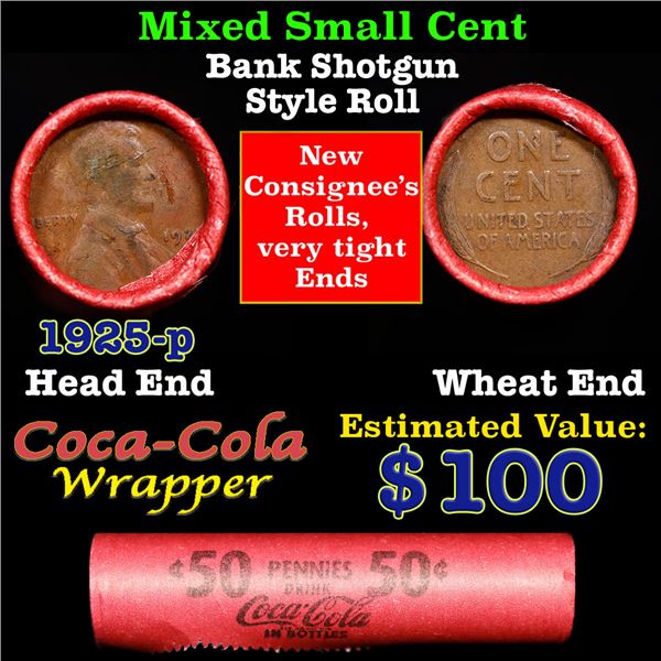 Mixed small cents 1c orig shotgun roll, 1925-p Lincoln Cent, Wheat Cent other end, Coca Cola Brandt 