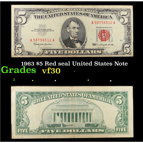 1963 $5 Red seal United States Note Grades vf++