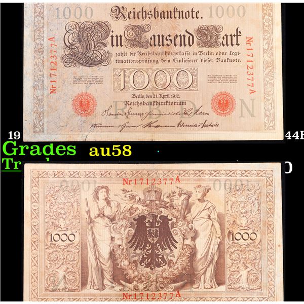 1910 Imperial Germany 1000 Mark Note P: 44B Grades Choice AU/BU Slider