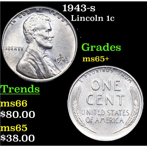 1943-s Lincoln Cent 1c Grades GEM+ Unc