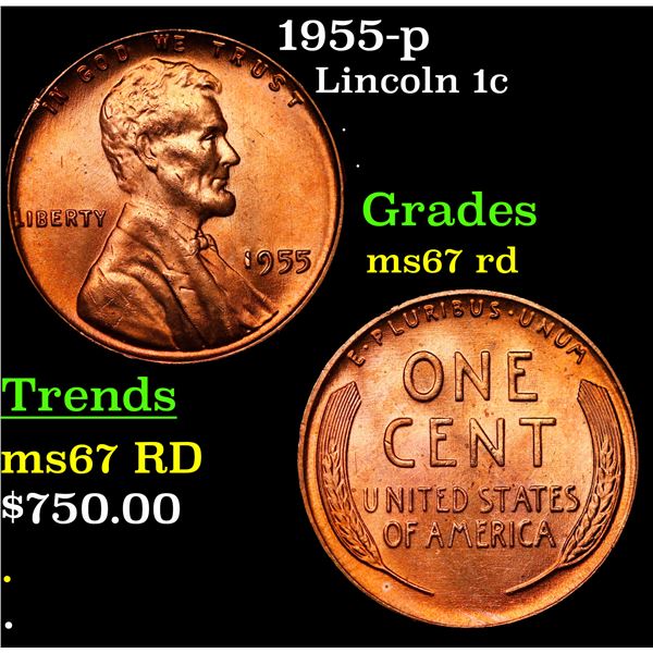 1955-p Lincoln Cent 1c Grades GEM++ Unc RD
