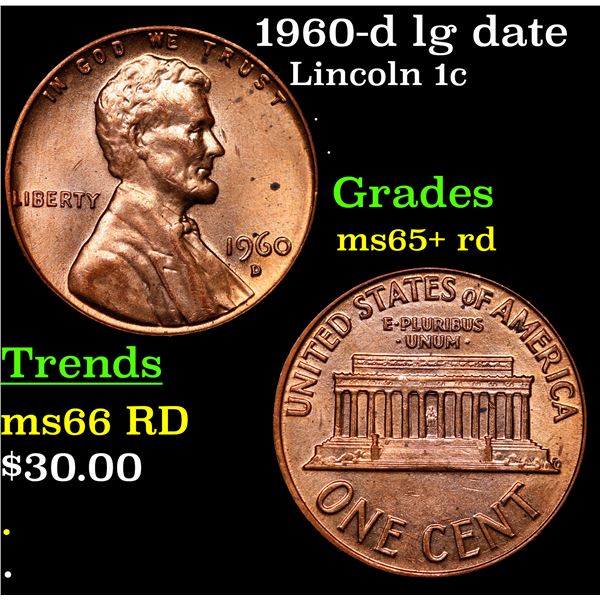 1960-d lg date Lincoln Cent 1c Grades Gem+ Unc RD
