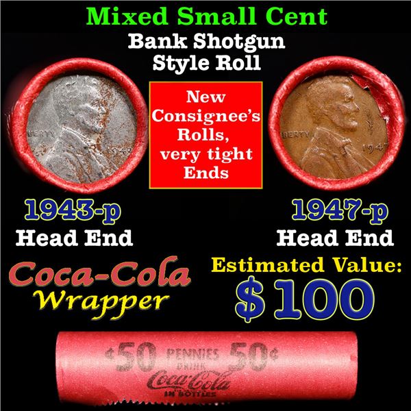 Mixed small cents 1c orig shotgun roll, 1947-p Lincoln Cent, 1943-p Steel Cent other end, Coca Cola 