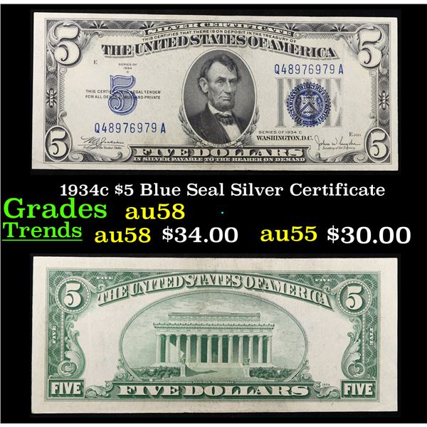 1934c $5 Blue Seal Silver Certificate Grades Choice AU/BU Slider