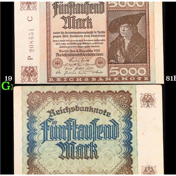 1922 Weimar Germany 5,000 Mark Note P: 81B Grades Choice AU/BU Slider
