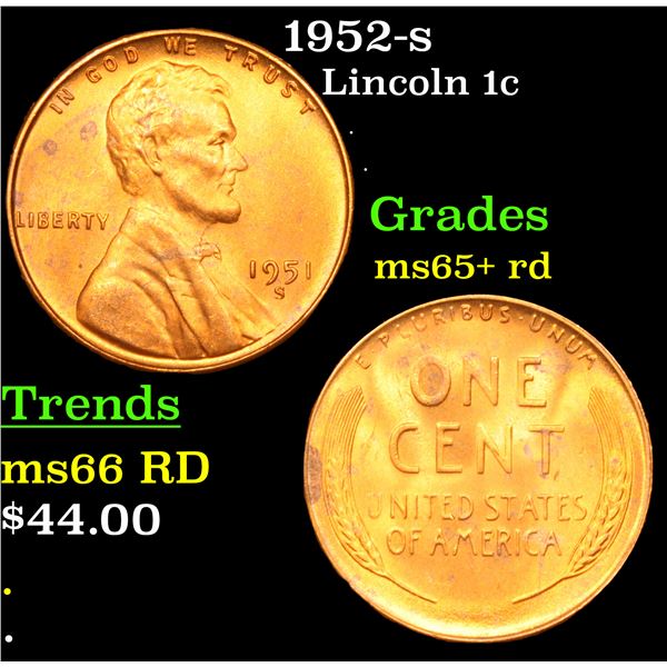 1952-s Lincoln Cent 1c Grades Gem+ Unc RD
