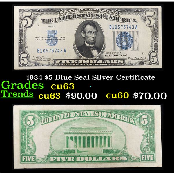 1934 $5 Blue Seal Silver Certificate Grades Select CU