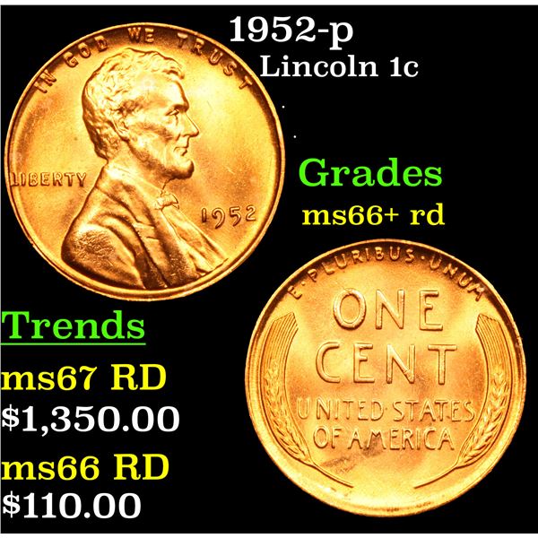 1952-p Lincoln Cent 1c Grades GEM++ RD
